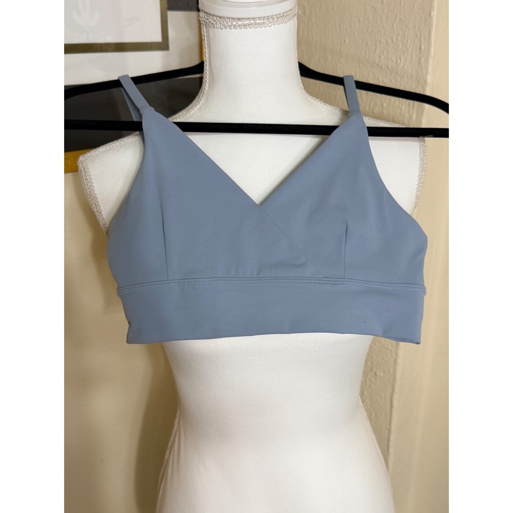 Move Theology Blue Wrap V-Neck Sports Bra XS Crisscross Back Activewear